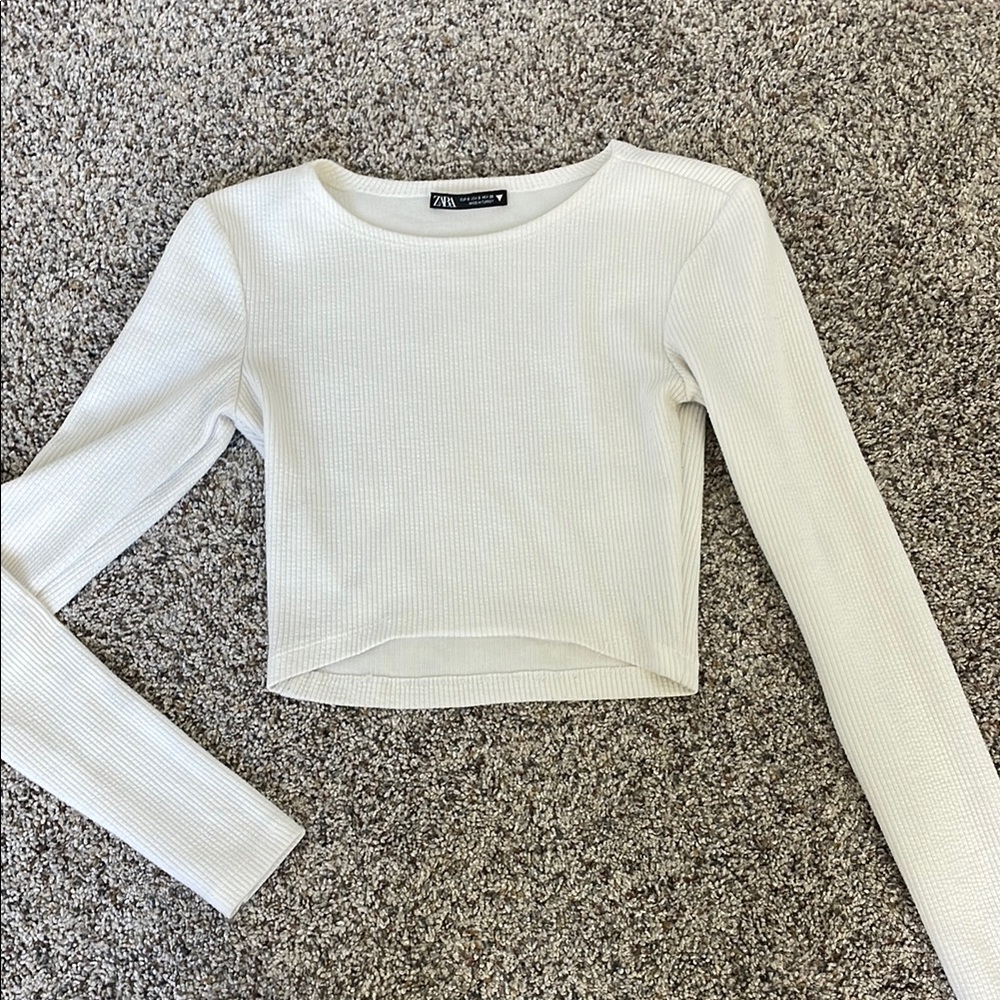 Zara White Ribbed Long Sleeve Crop Top